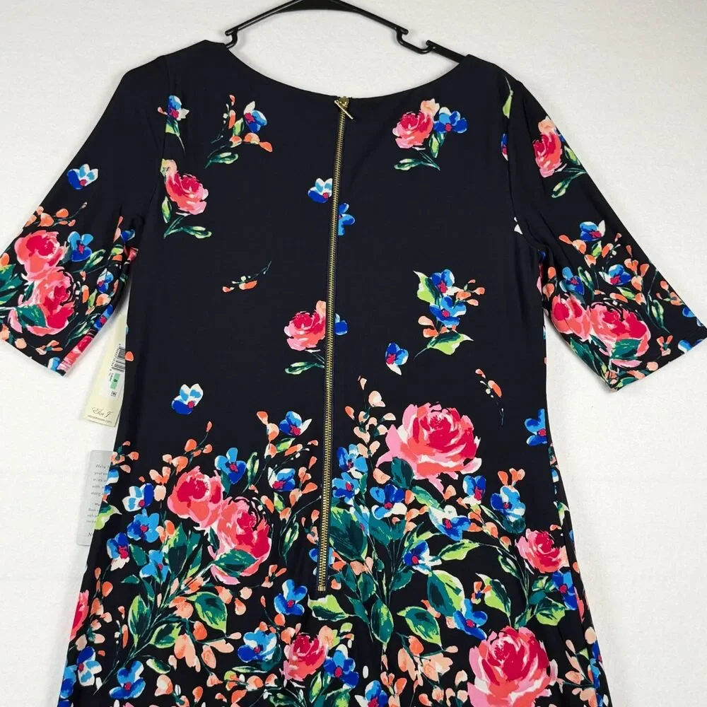 Eliza J Size 8 NWT Floral Polka Dot Shift Dress Navy Pink Blue Knee Length - Picture 4 of 10